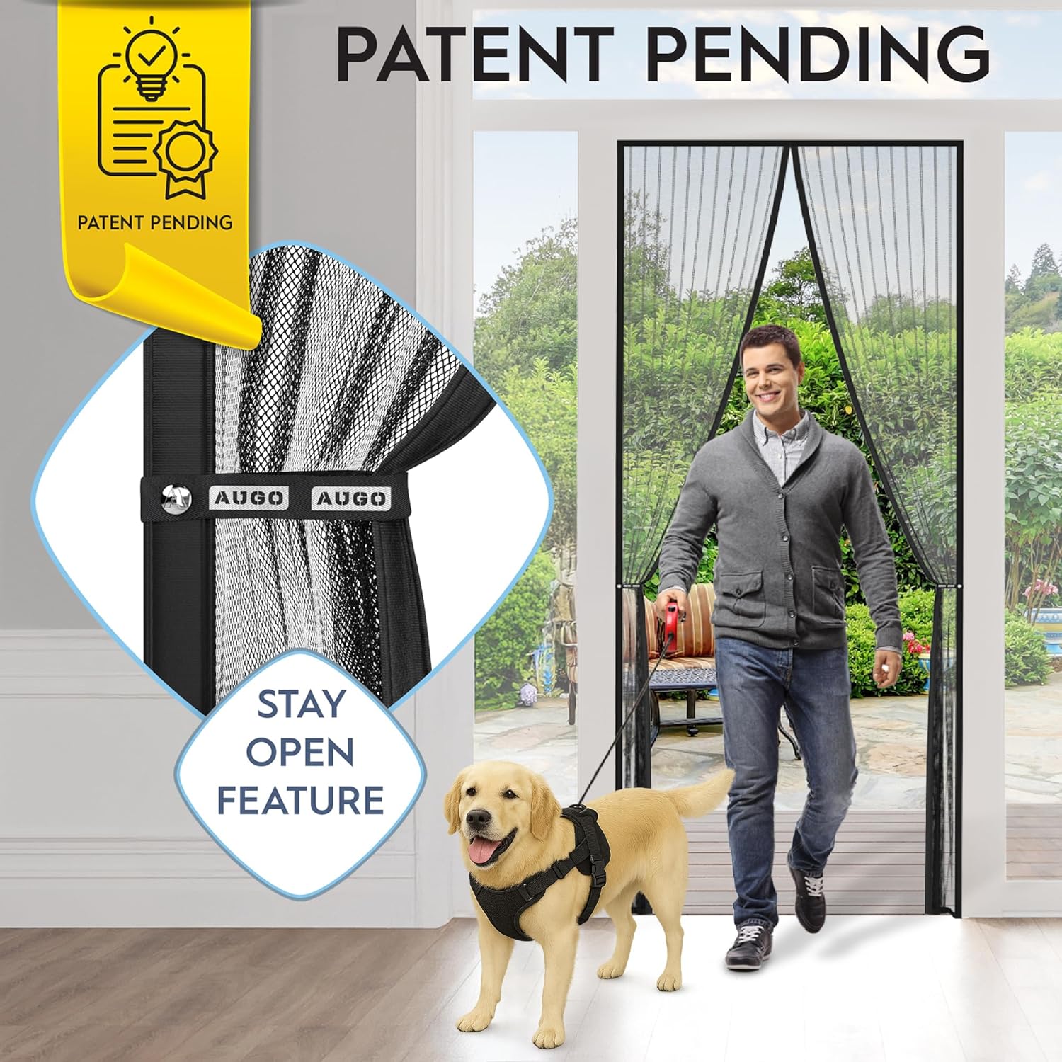 Highlights the product's patented 'stay open' feature that allows the magnetic screen door to remain open when desired. Demonstrates how easily a person and pet can walk through the magnetic screen…