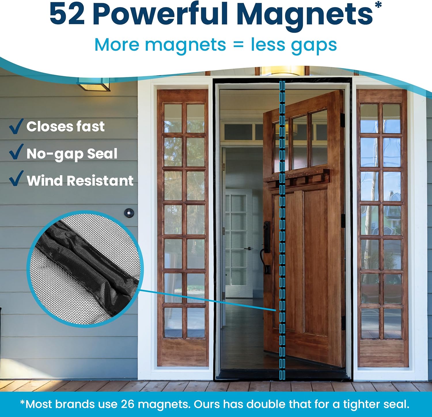 Highlights multiple benefits of the magnetic screen door, emphasizing its superior sealing ability and ease of use compared to competitors. Directly compares the product to other brands, showing it…