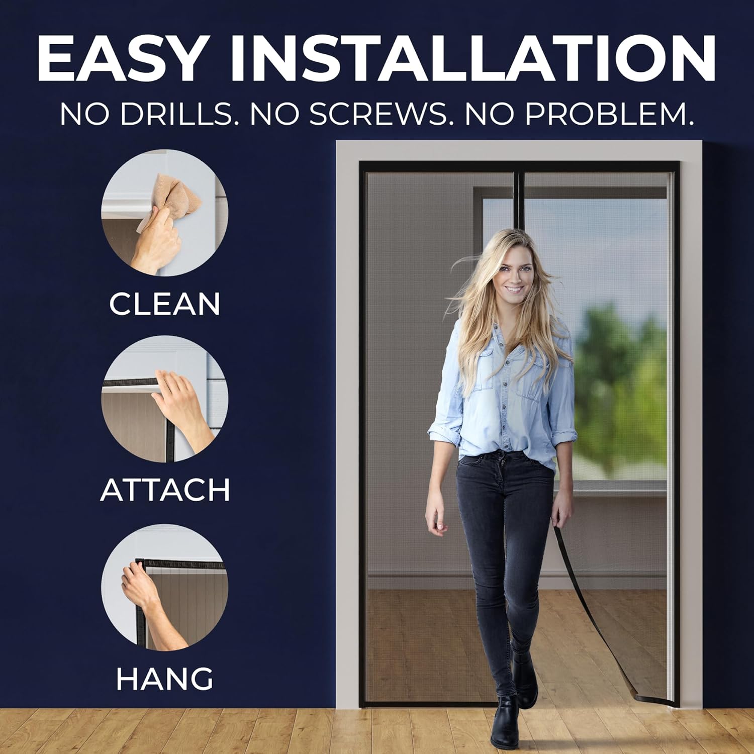 Demonstrates the simple 3-step process to install the product without tools, reassuring customers about ease of use.