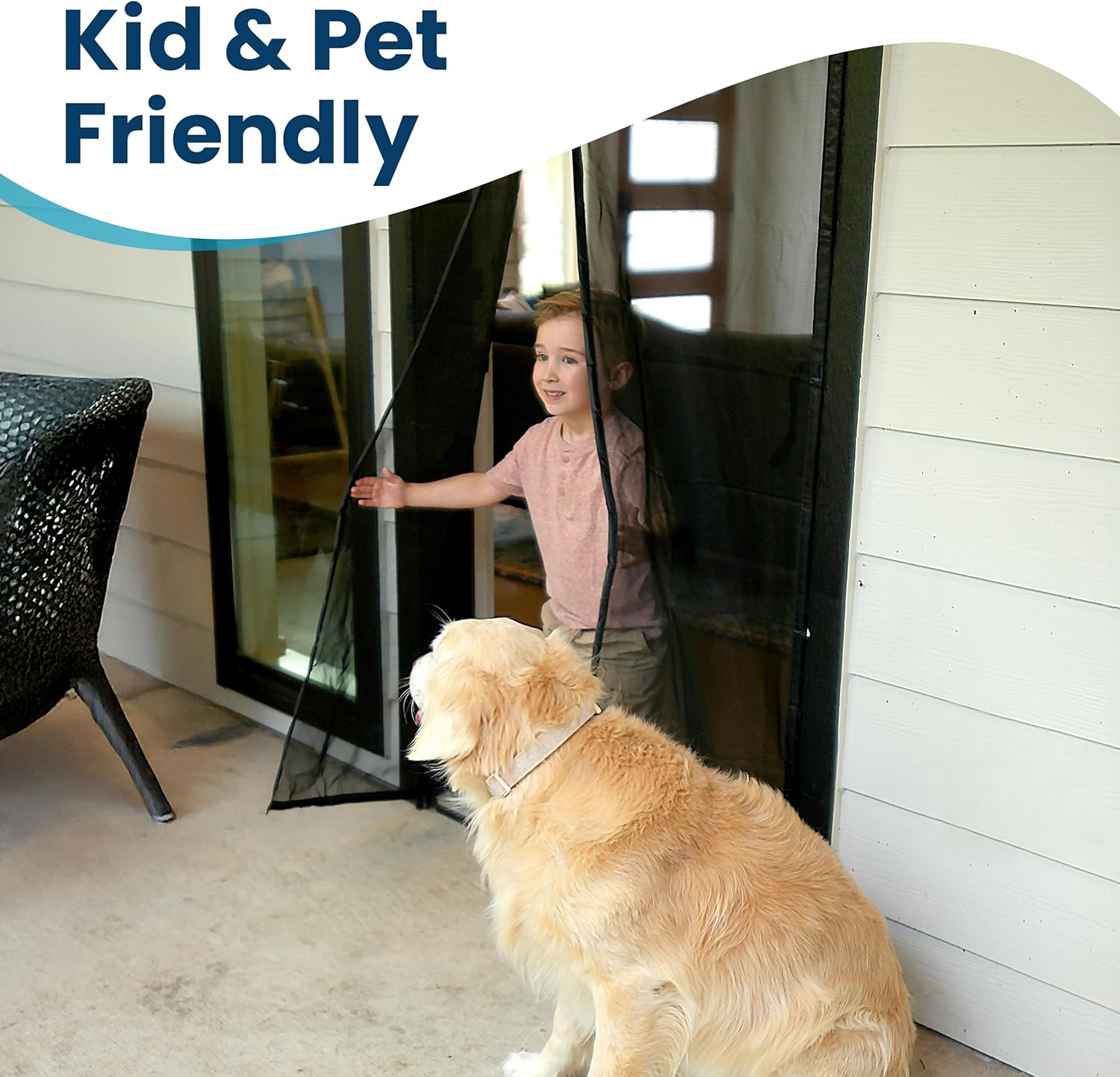 Demonstrates that the product (likely a door or screen) is safe and easy for both children and pets to use, appealing to families with young kids and animals.