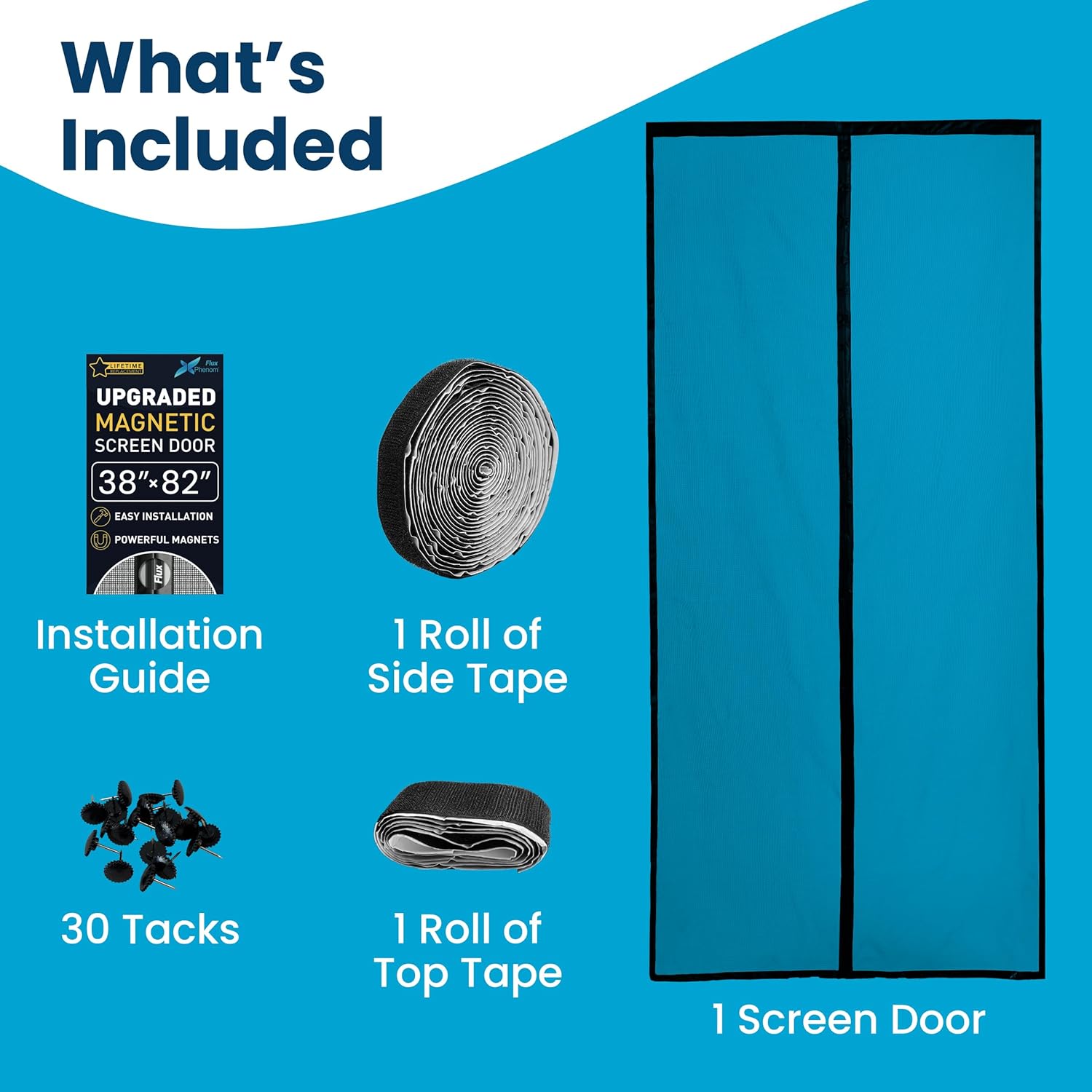 Shows all items included in the magnetic screen door kit to inform customers of the complete package contents.