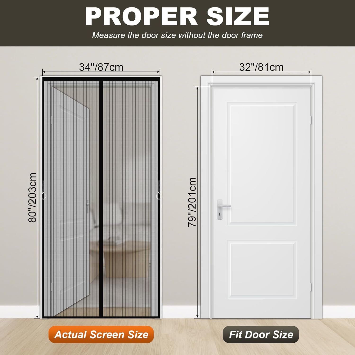 Provides exact measurements for the door screen and compatible door size to ensure proper fit for customers.
