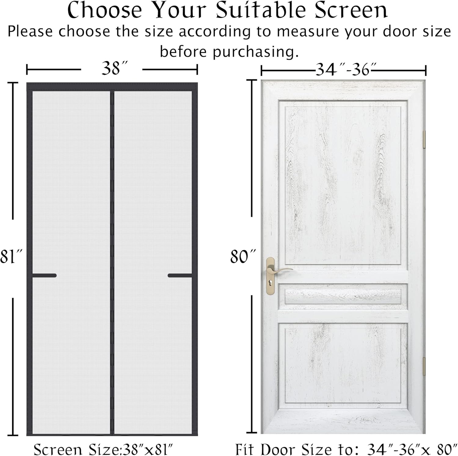 Guides customers in selecting the correct screen size based on their door measurements to ensure proper fit. Provides exact dimensions for two screen sizes and corresponding door sizes to help…
