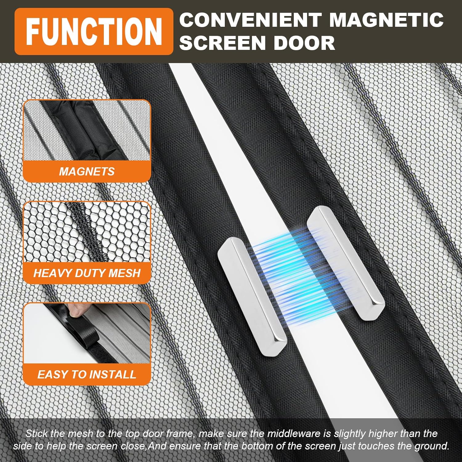 Demonstrates the simple installation process and magnetic closure feature of the screen door, emphasizing its convenience and ease of use. Highlights multiple key features of the magnetic screen…
