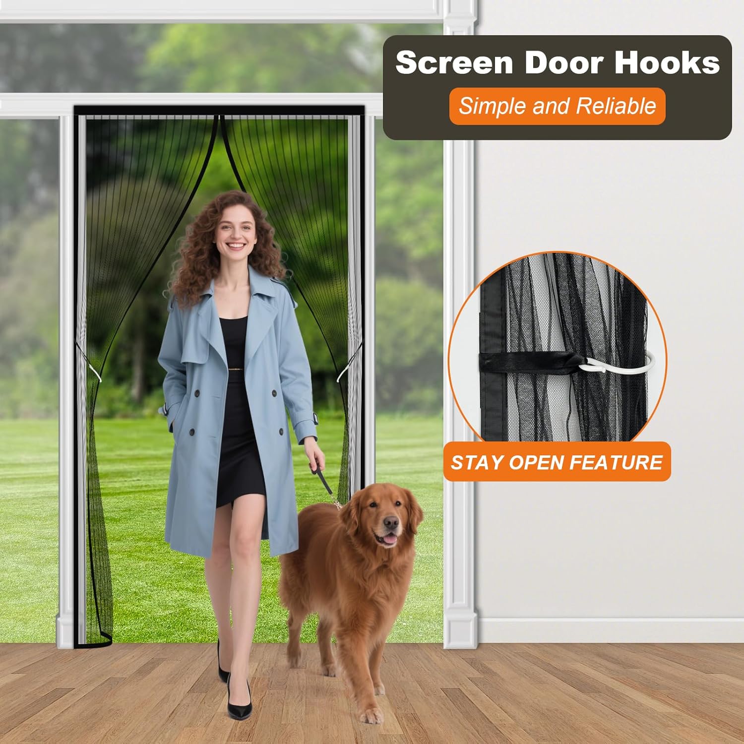 Highlights the screen door's ability to stay open, allowing easy hands-free entry and exit for people and pets.