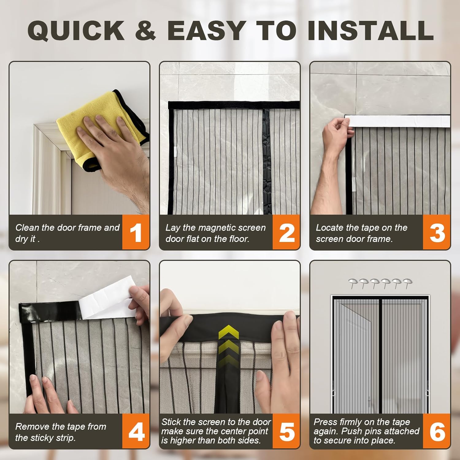 Demonstrates the simple step-by-step process for installing a magnetic screen door, reassuring customers about ease of use.
