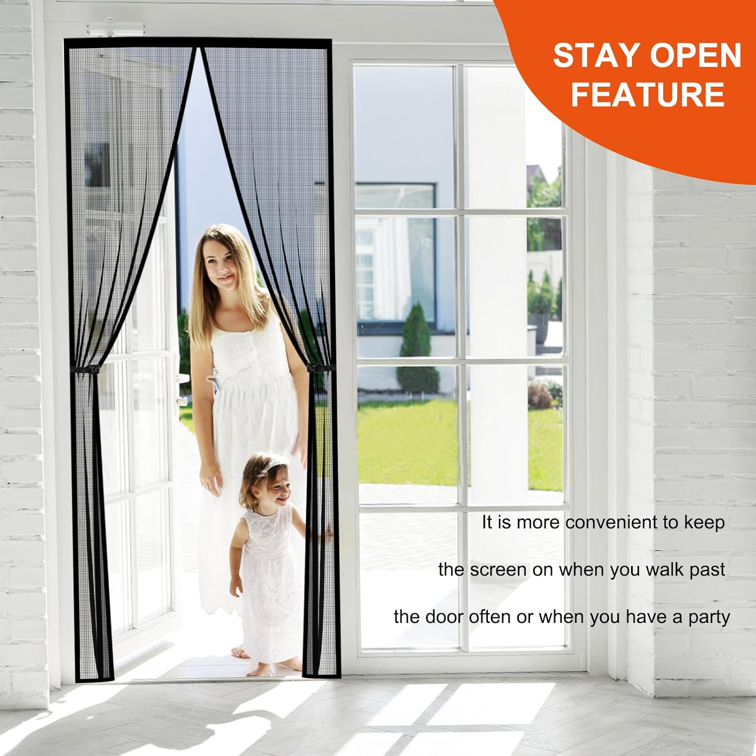Highlights the convenience of the screen door staying open, allowing easy passage for frequent use or during parties.