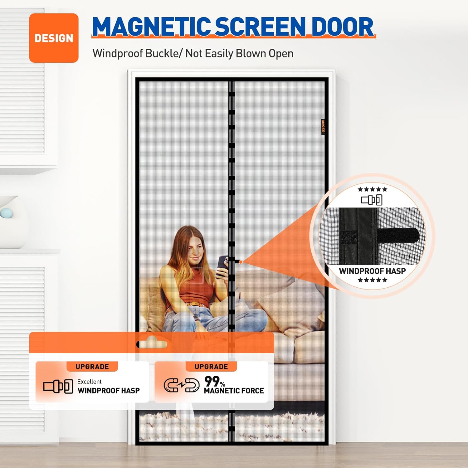 Highlights the screen door's windproof design and strong magnetic closure to reassure customers about its effectiveness and durability.