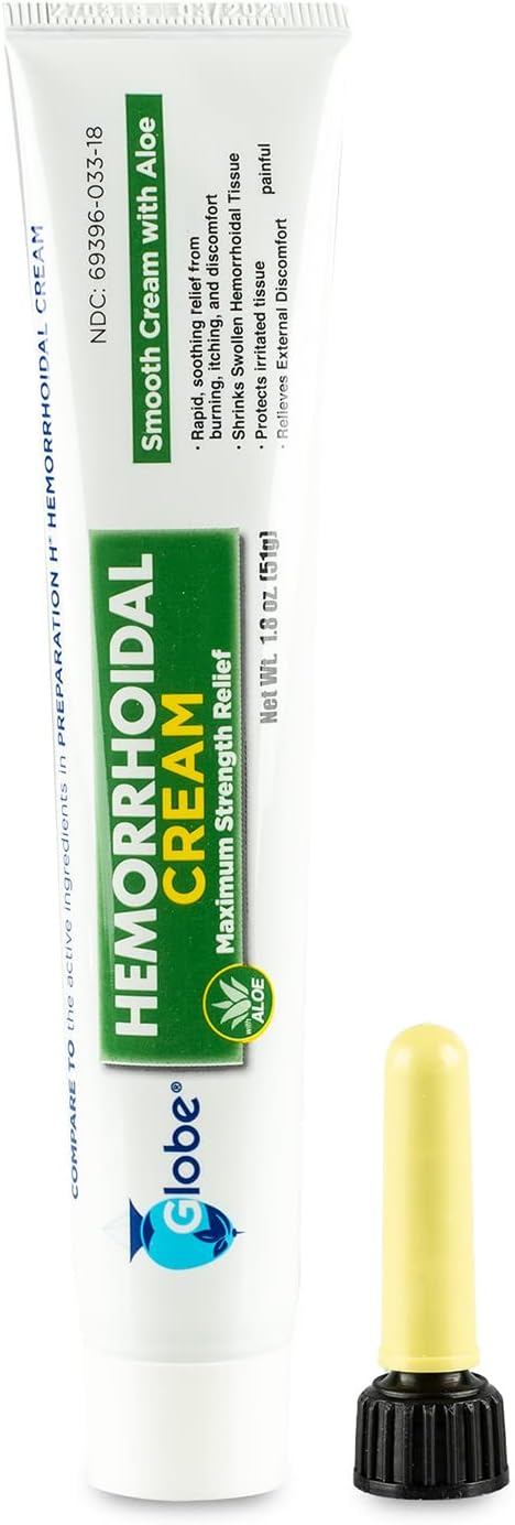 Highlights the product's key ingredient (aloe) and its soothing benefit for hemorrhoid relief.
