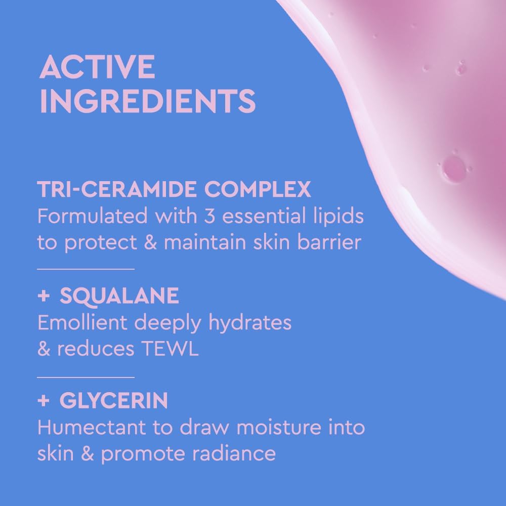 Highlights multiple active ingredients and their benefits for skin hydration and protection.