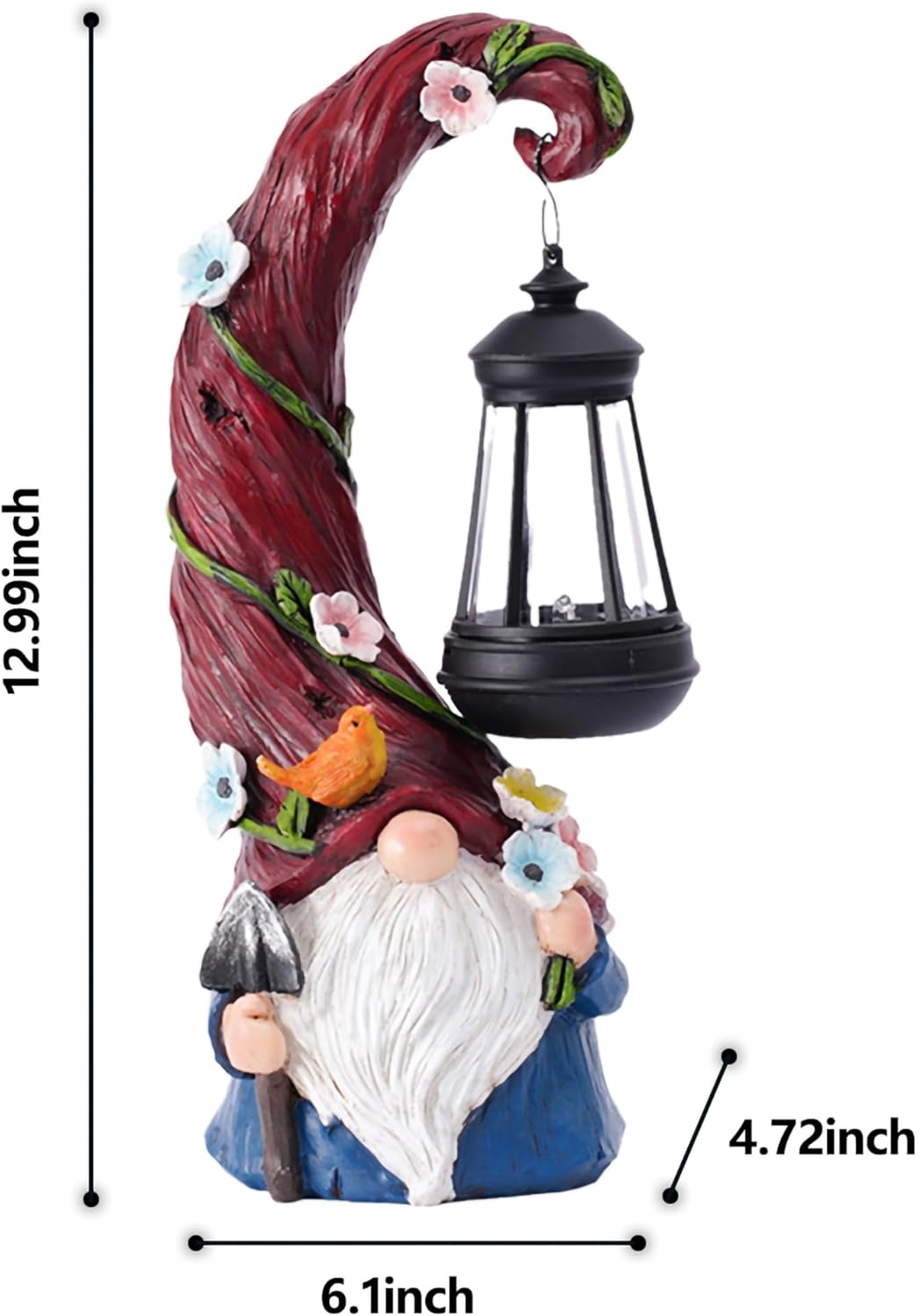 Showcases a decorative garden gnome figure with an integrated lantern, appealing to customers interested in whimsical outdoor decor.