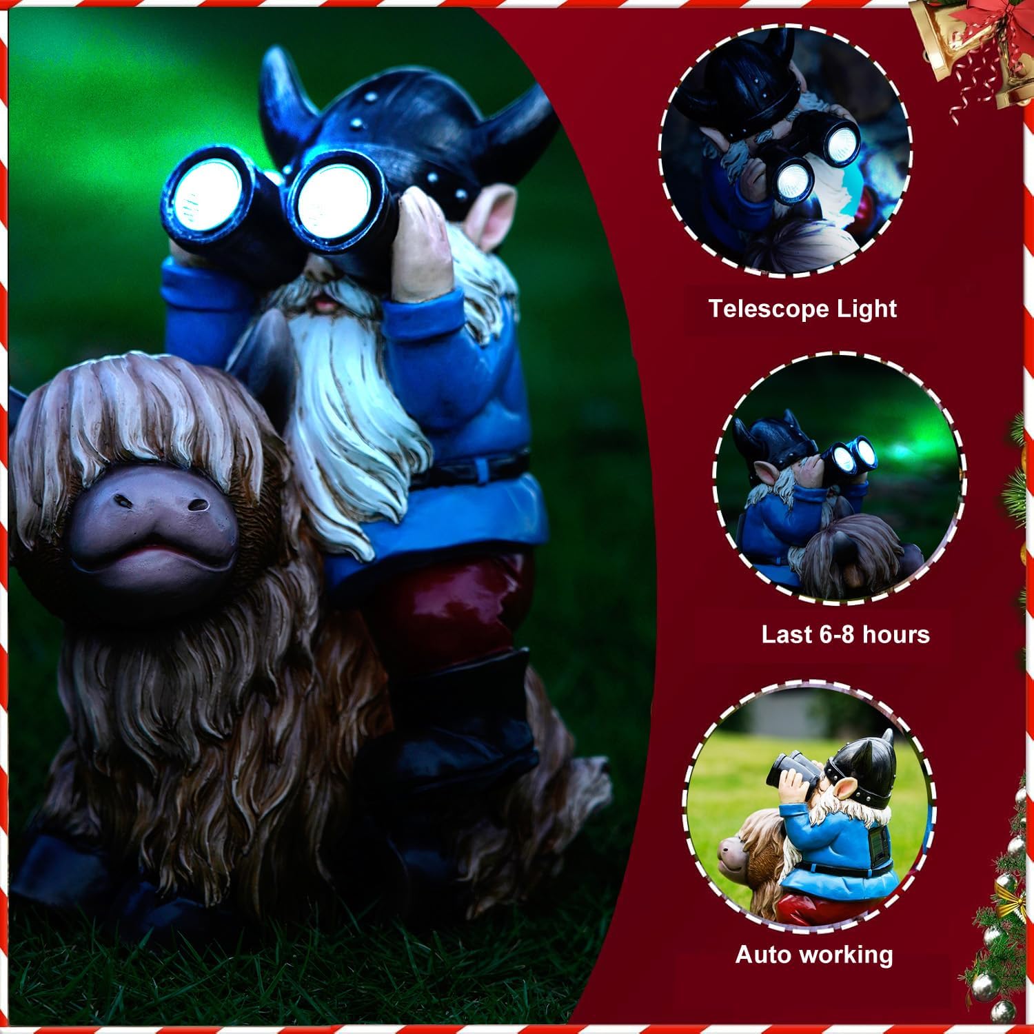 Highlights the product's light-up telescope feature, showcasing its functionality for nighttime viewing or play. Presents the product as a festive Christmas decoration, appealing to holiday shoppers…