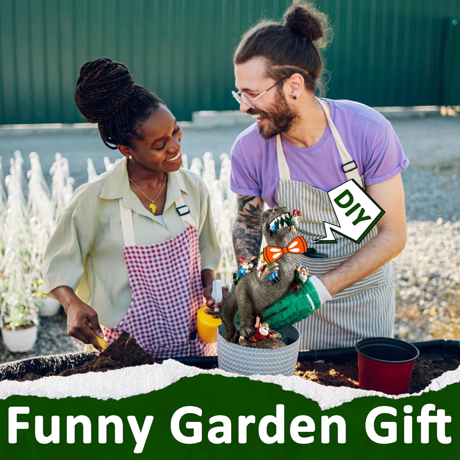 Shows the product being used for a fun DIY gardening project, appealing to creative gardeners. Depicts a relatable, candid moment of people enjoying gardening together, building trust with potential…