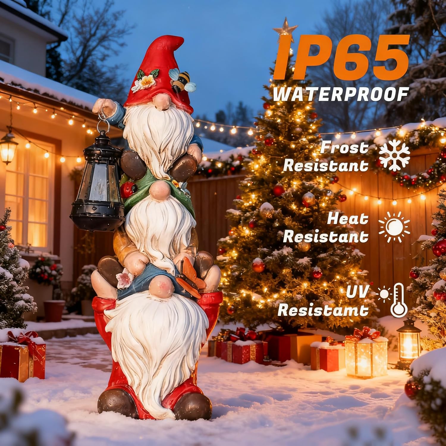 Showcases the product's suitability for outdoor Christmas decorations, emphasizing its durability in winter conditions. Highlights the product's ability to withstand various weather conditions,…