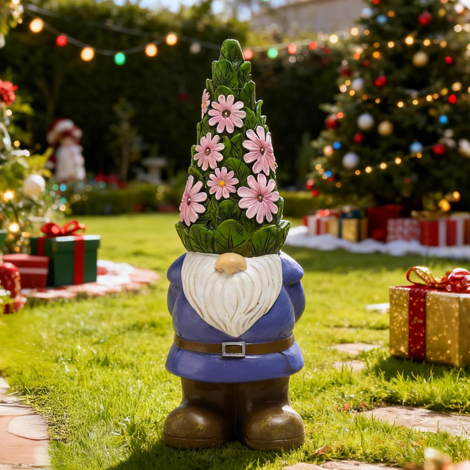 Showcases a festive garden gnome decoration to inspire holiday outdoor decorating. Demonstrates how the product fits into a festive outdoor holiday setting with lights and gifts.