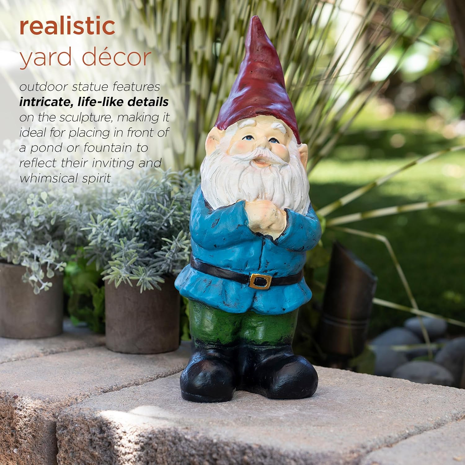 Highlights the intricate, life-like details of the garden gnome statue to show its quality and appeal as outdoor decor.