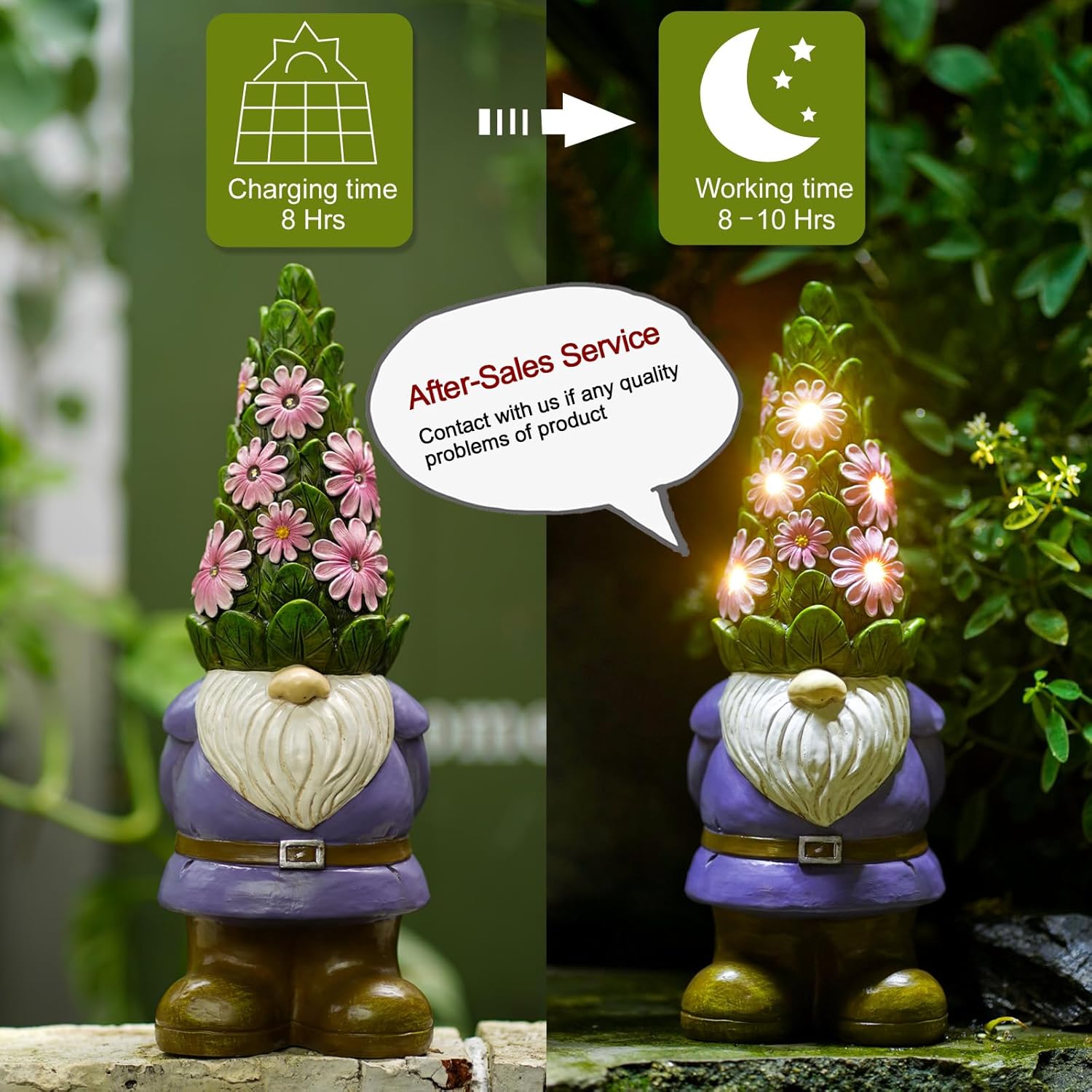 Highlights key features of the solar garden light, including charging time, working duration, and customer support, to reassure buyers about its performance and reliability.